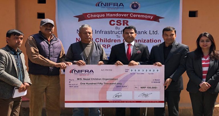 नेपाल इन्फ्रास्ट्रक्चर बैंकको ‘सिएसआर’: नेपाल बाल संगठनलाई १ लाख ५० हजार रुपैंया आर्थिक सहयोग