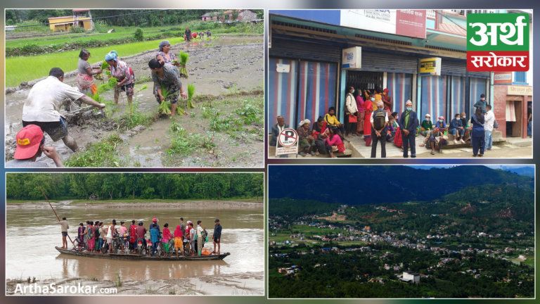 देश बोल्ने फोटो कथा : भत्ता लिन सन्धिखर्कस्थित मेगा बैंकको लाईनमा ज्येष्ठ नागरिक, डुङ्गाबाट नदी वारपार गर्न स्थानीयबासी